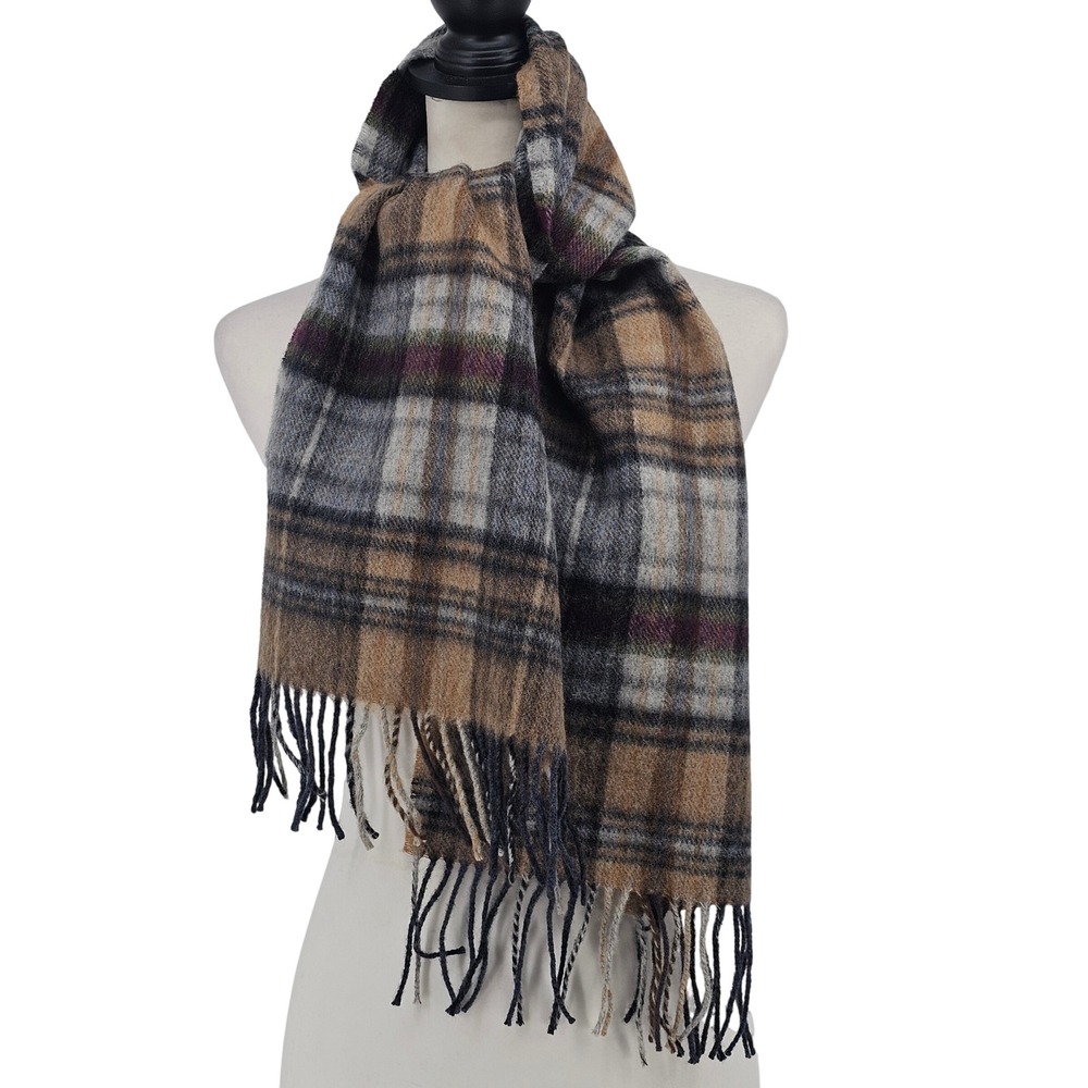 John Hanly Lambswool Scarf OS Brown Grey Plaid Heritage Ireland Dark Academia